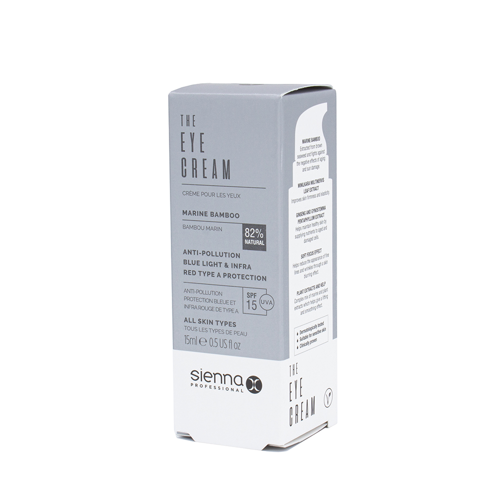 Sienna X the Eye Cream in a sleek, gray and white box, featuring key details like "Marine Bamboo," "SPF 15," and "82% natural," designed for all skin types.