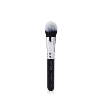 Sigma Beauty F74 Air Domed Buffer Brush features a soft, rounded bristle head in black and white, with a sleek silver ferrule and a matte black handle for easy grip.