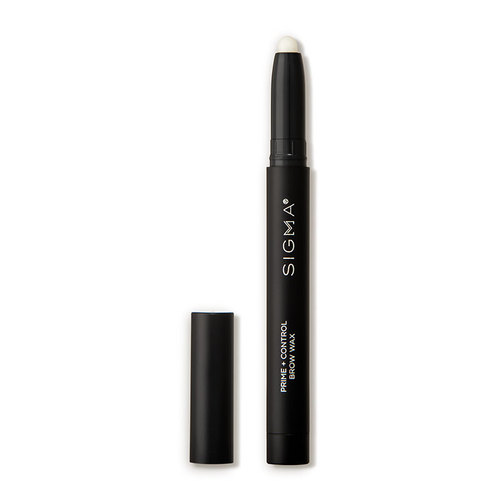 Black cylindrical pencil with a twist-up mechanism, featuring a clear wax tip and labeled "Sigma Prime + Control Brow Wax" in white text on the body.