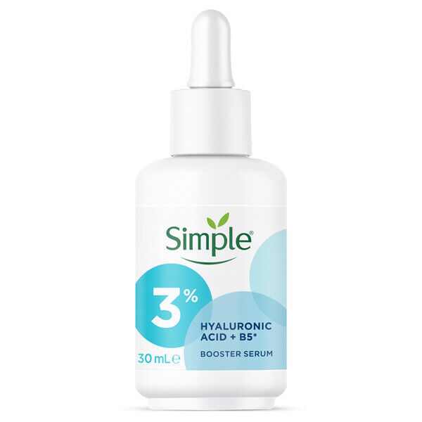 White dropper bottle with a green Simple logo, featuring a light blue and teal design, labeled "3% Hyaluronic Acid + B5 Booster Serum," 30 mL size.