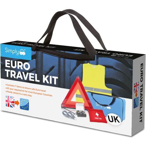 Black carry bag with brown handles, featuring a blue and white label that reads "Simply Euro Travel Kit," includes safety items for European travel, with flags of the UK and EU displayed.