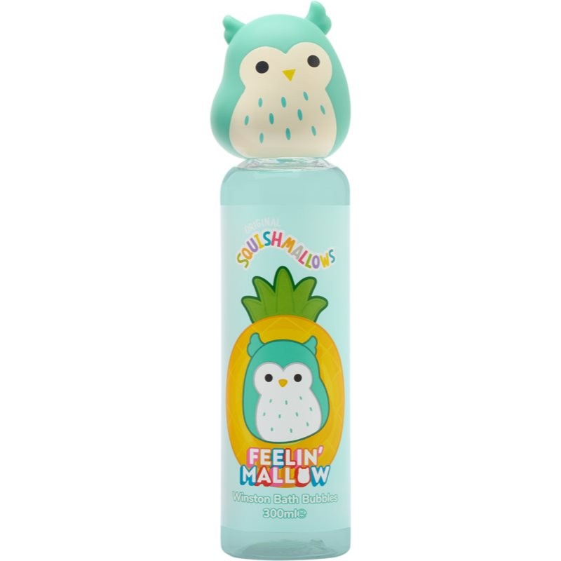 Light blue shower gel bottle with a playful owl-shaped cap, featuring a pineapple design and a cartoon owl, labeled "SQUISHMALLOWS" and "Feelin' Mallow," 300 ml.