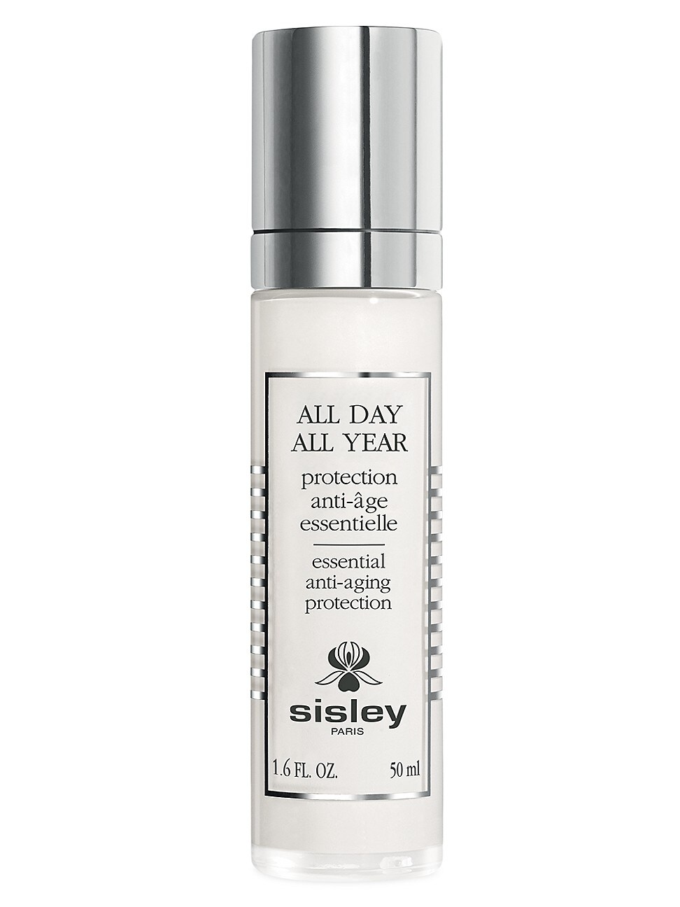Clear glass bottle with a silver cap, labeled "All Day All Year" by Sisley-Paris, featuring anti-aging protection details, holding 1.6 oz (50 ml) of product.