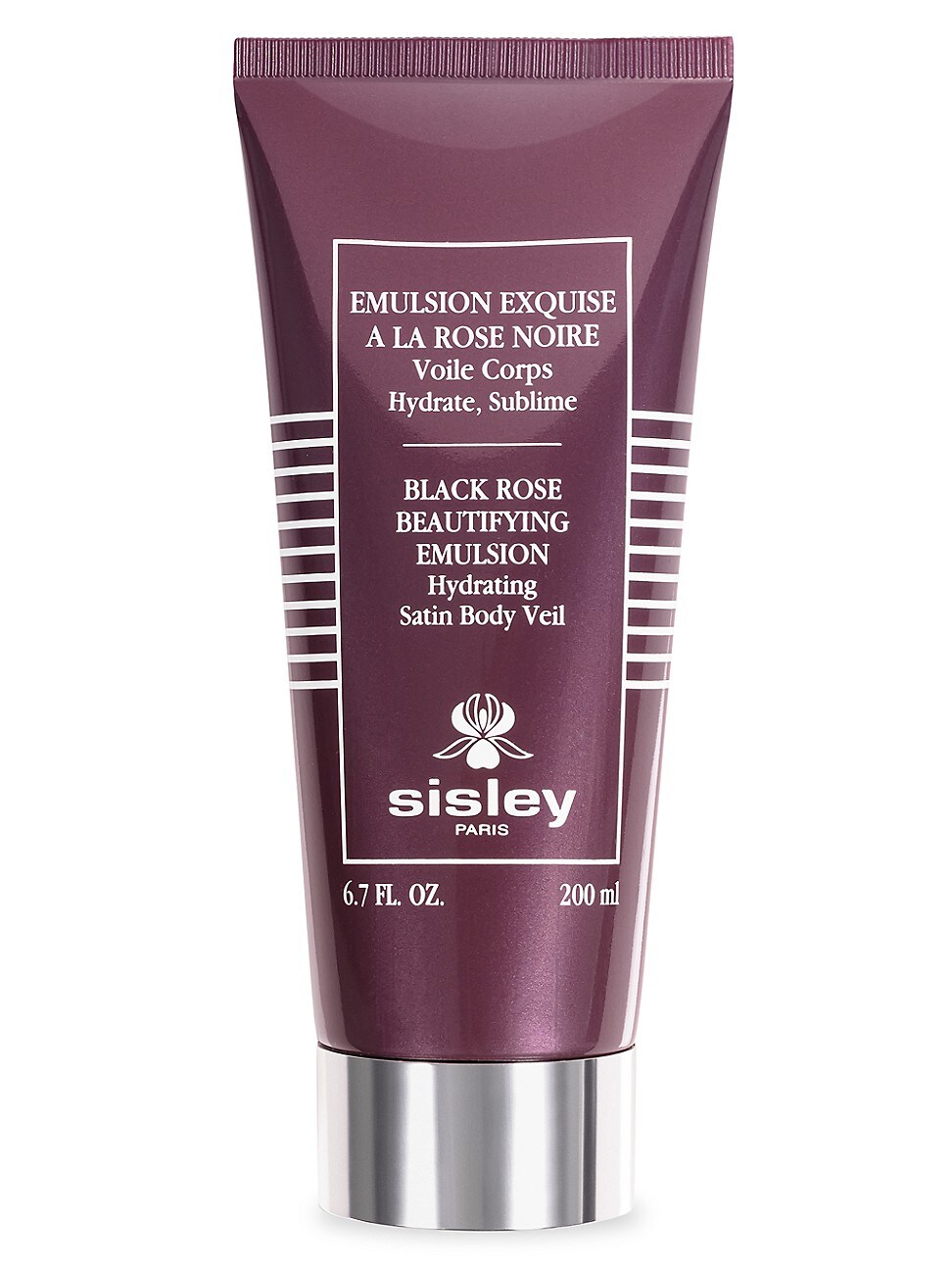 Sleek, deep purple tube with a glossy finish, labeled "Black Rose Beautifying Emulsion," featuring elegant white text and a 6.7 oz capacity, designed for hydrating skin.