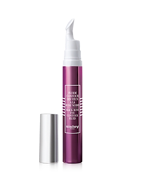 Purple tube with a white pump applicator, labeled "Black Rose Eye Contour Fluid" by Sisley, alongside a silver cap, designed for eye care.