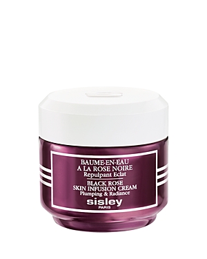 A round, deep purple jar with a white lid, labeled "Black Rose Skin Infusion Cream" by Sisley-Paris, featuring sleek white stripes and a luxurious appearance.