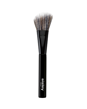 Black-handled blush brush with a wide, tapered head featuring soft, synthetic bristles, ideal for applying blush evenly.