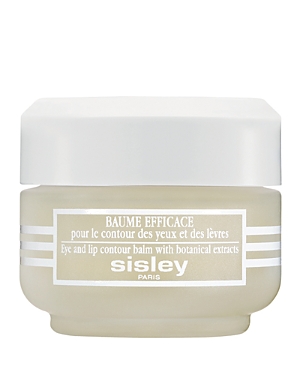 White jar with a smooth, rounded shape, featuring a silver label that reads "Baume Efficace" and "Eye and lip contour balm with botanical extracts" by Sisley-Paris.