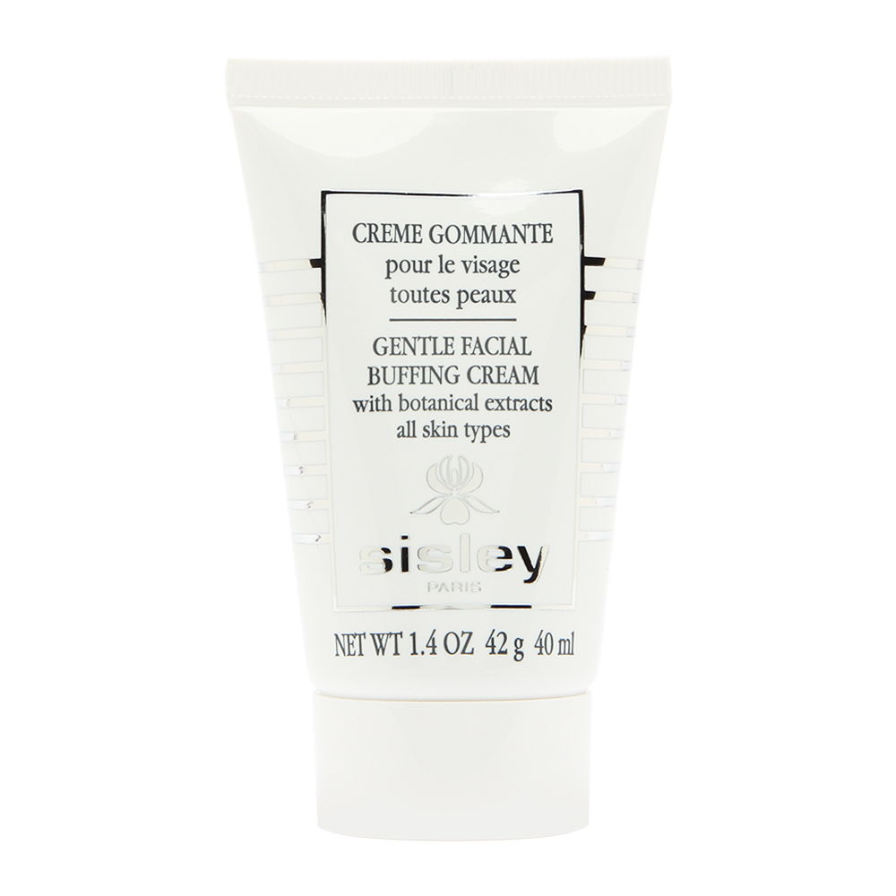 White squeeze tube featuring black text, labeled "Gentle Facial Buffing Cream" with botanical extracts, 40ml/1.4oz, suitable for all skin types, by Sisley Paris.