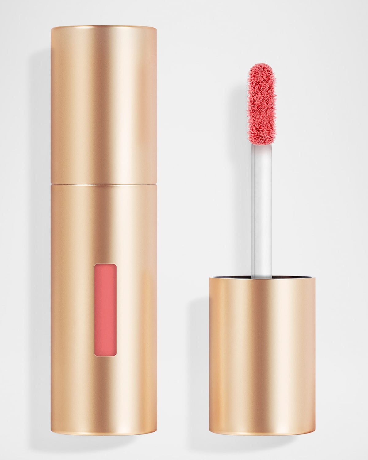 Gold cylindrical lipstick and blush container with a clear window, featuring a plush applicator with a soft pink tip.