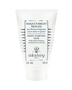 White tube with a flip-top cap, featuring a minimalist design and black text, labeled "Deeply Purifying Mask with Tropical Resins" by Sisley-Paris, 60 ml size.