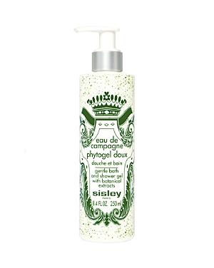Clear bottle with a pump dispenser, featuring a green and white label adorned with botanical designs, labeled "Eau De Campagne Bath & Shower Gel" by Sisley, 250ml.