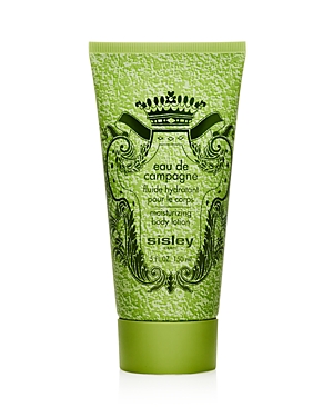 Green tube of Sisley-Paris Eau De Campagne Body Lotion featuring ornate detailing, a crown design, and a flip-top cap, with a 5.1 fl oz capacity.