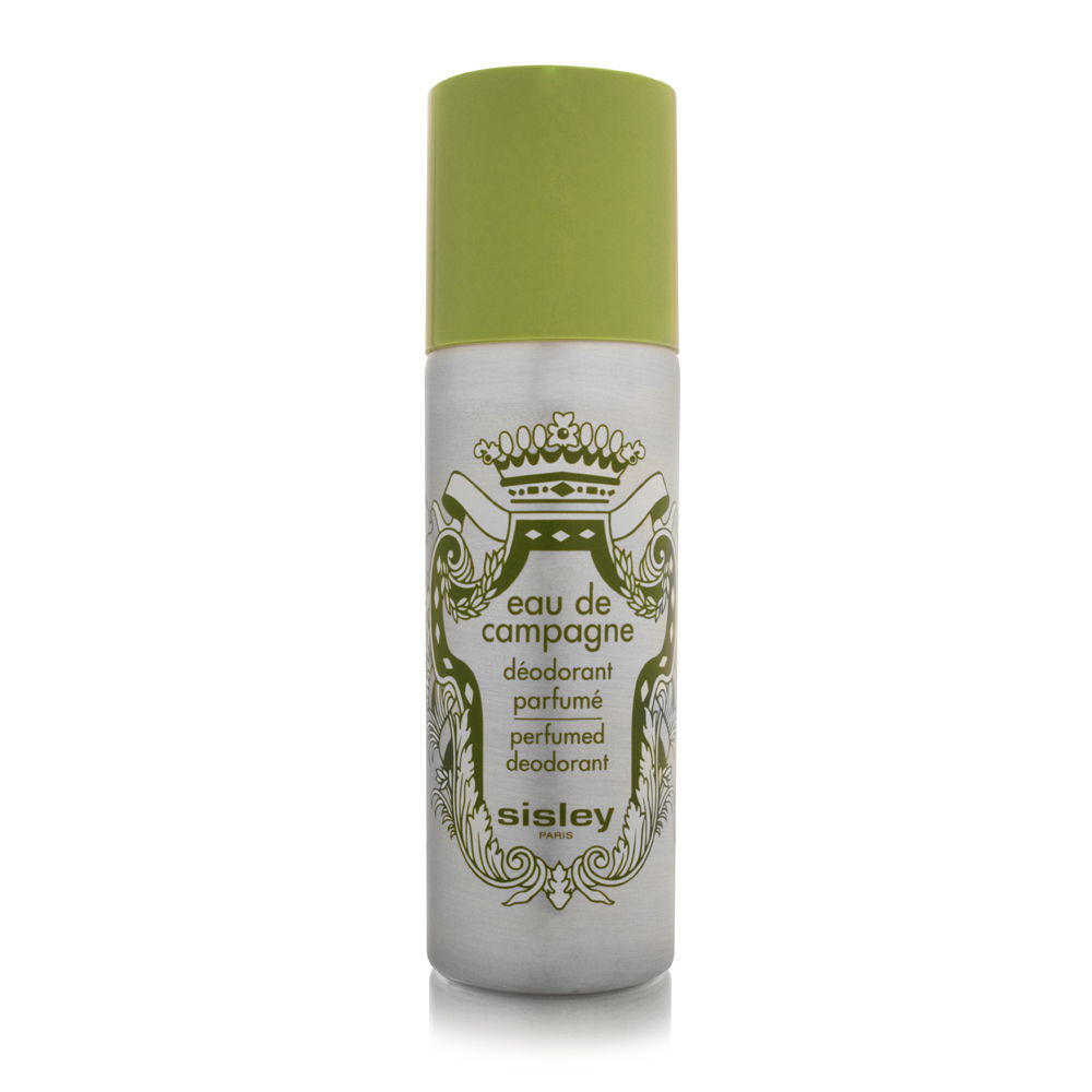 Silver aerosol can with a green cap, featuring ornate green and gold design elements, labeled "Eau De Campagne Dรฉodorant" by Sisley-Paris.