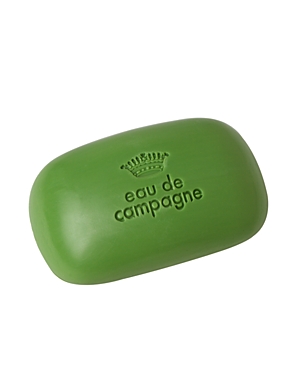 Green rectangular soap bar with embossed text "eau de campagne" and a crown logo, packaged for unisex use, weighing 3.5 ounces.