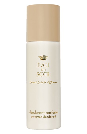 White cylindrical deodorant spray with a gold cap, featuring elegant text that reads "Eau Du Soir" and "dรฉodorant parfumรฉ" in a simple, sophisticated design.