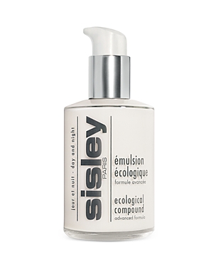 Clear glass bottle with a white label, featuring black text, a silver pump dispenser, and a minimalist design, labeled "Sisley Ecological Compound - Clear."