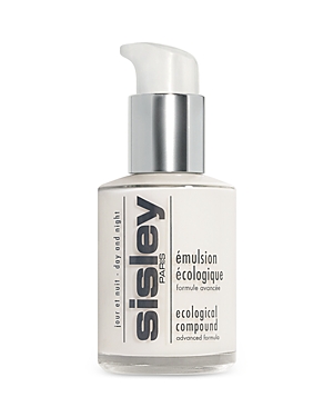 Clear glass bottle with a silver pump top, labeled "Sisley Ecological Compound Advanced Formula," featuring a minimalist design in white and black text.