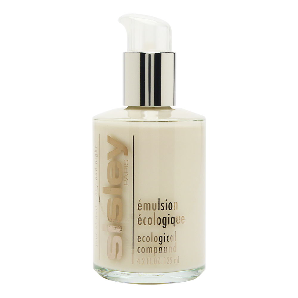 Clear glass bottle with a silver pump top, featuring a white label with black text, containing 125ml of Sisley Ecological Compound, a light cream emulsion.