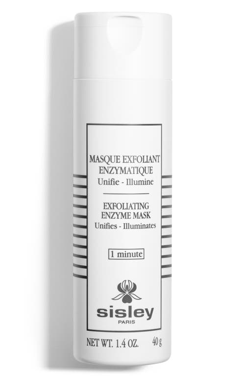 White cylindrical container with black text, featuring "Sisley-Paris Exfoliating Enzyme Mask" and a floral logo, 1.4 oz size, minimalist design with striped accents.