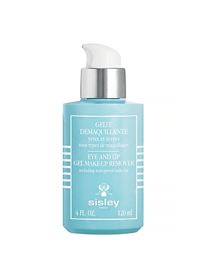 Light blue gel makeup remover bottle with a silver pump top, labeled "Eye and Lip Gel Make-up Remover" in white text, 4 fl. oz. (120 ml) capacity.