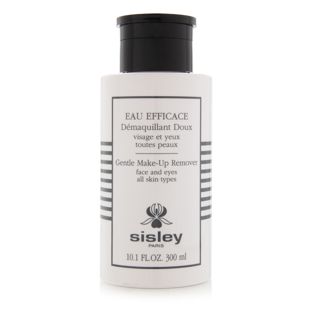 White bottle with black stripes and text, labeled "Eau Efficace Gentle Make-up Remover for Face & Eyes," 10.1 oz, suitable for all skin types, by Sisley.