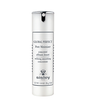 White cylindrical bottle with a silver pump top, labeled "GLOBAL PERFECT Pore Minimizer" by Sisley, featuring black text and a floral logo at the bottom.