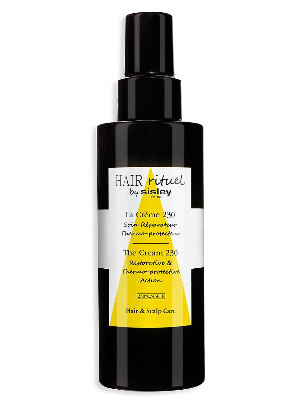 Black spray bottle with a yellow label, featuring the text "Hair Rituel by Sisley" and "The Cream 230," designed for hair restoration and thermal protection.