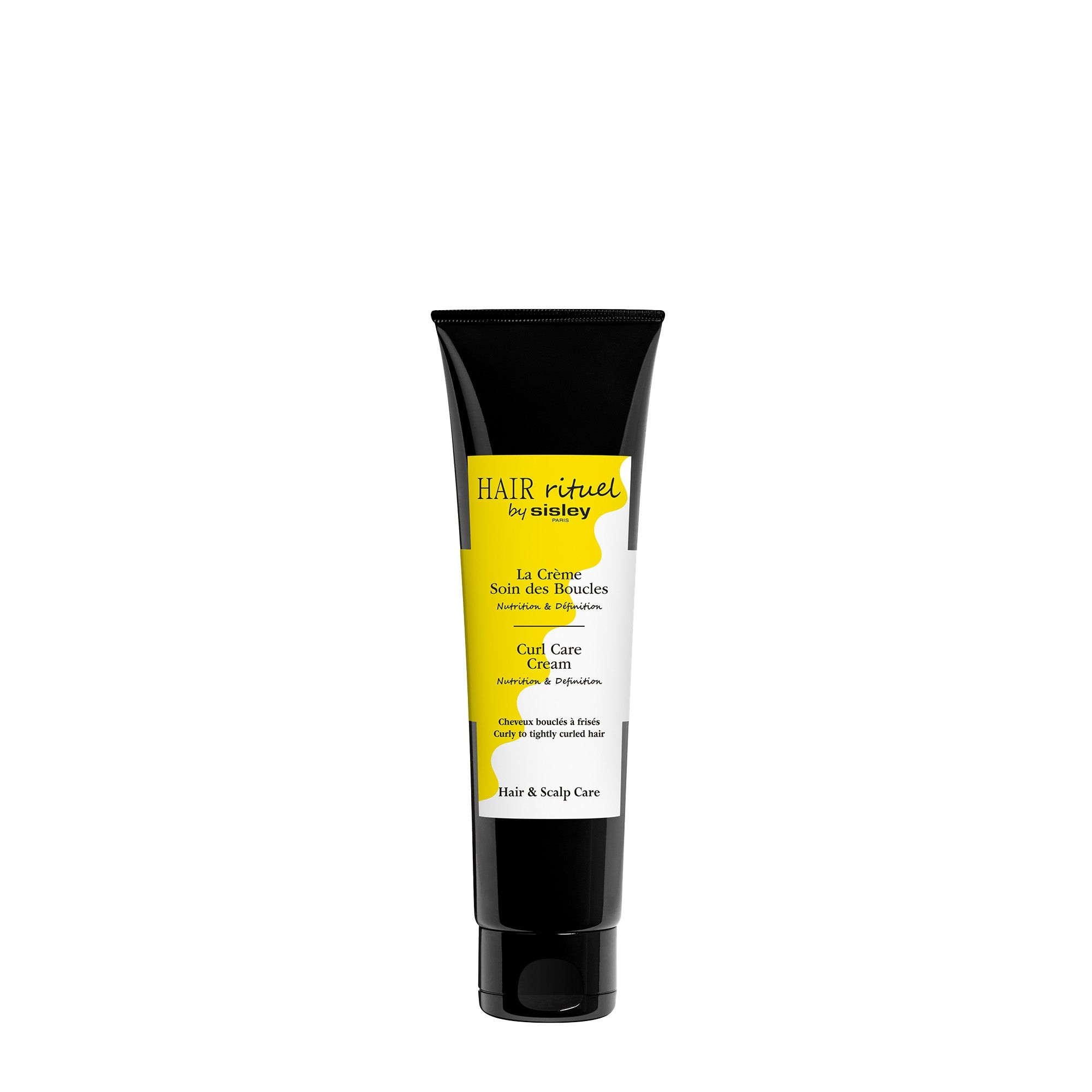 Black squeeze tube with a yellow and white label, featuring "Curl Care Cream" text, designed for hair care, with a 5 oz capacity.