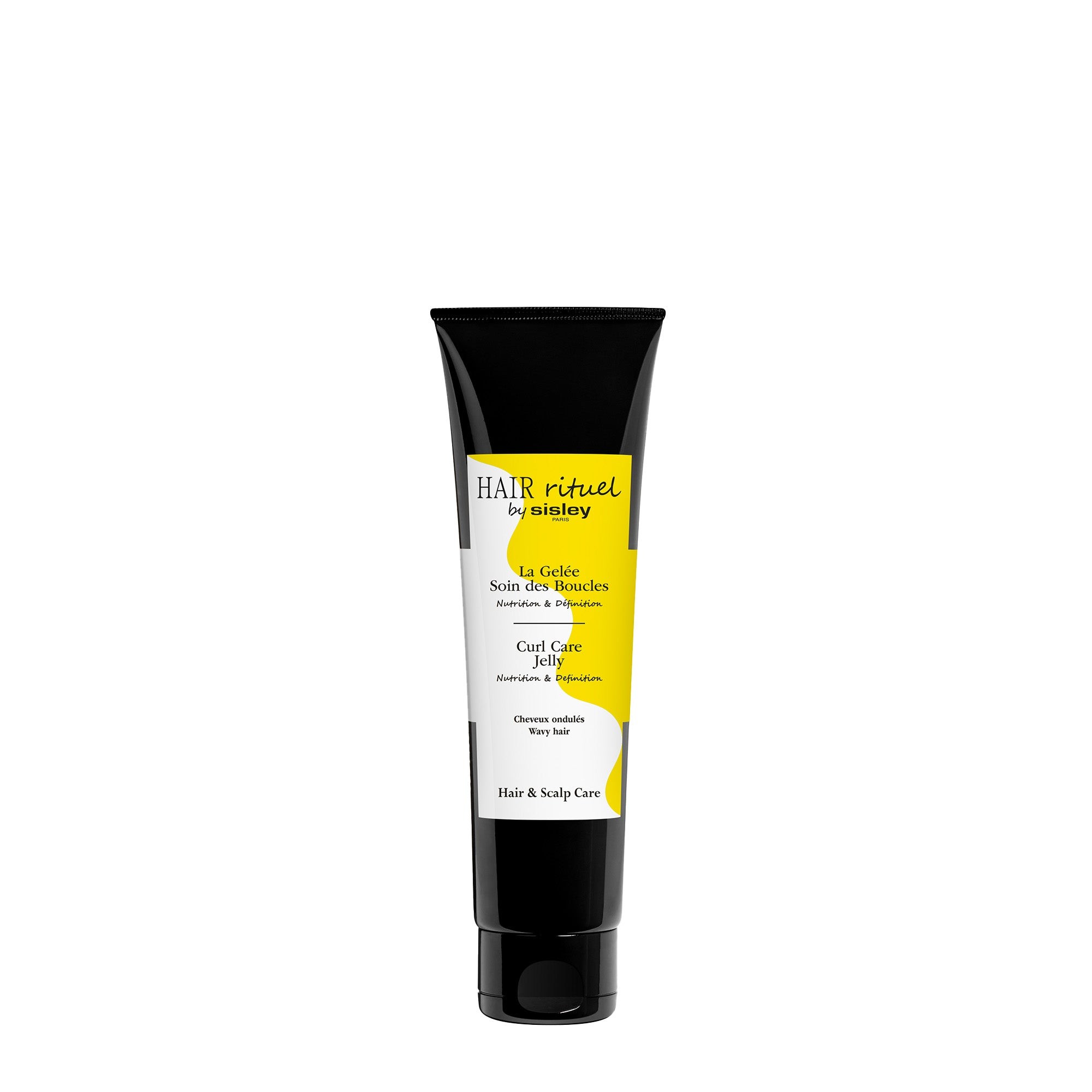 Black tube with a yellow label, featuring "Curl Care Jelly" in bold text, designed for hair care, with a sleek, modern look and a 5 oz capacity.