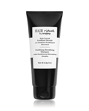 Black tube of Sisley-Paris Hair Rituel Fortifying Densifying Shampoo, 6.7 oz, featuring a white label with text detailing its hair and scalp care benefits.