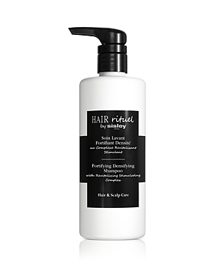 White bottle with a black pump and label, featuring "Hair Rituel by Sisley" and "Fortifying Densifying Shampoo" text, 16.9 oz size, designed for hair and scalp care.