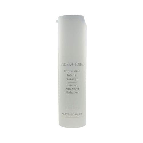 A sleek, white cylindrical bottle labeled "HYDRA-GLOBAL" with a minimalist design, featuring black text and a pump dispenser for anti-aging hydration.