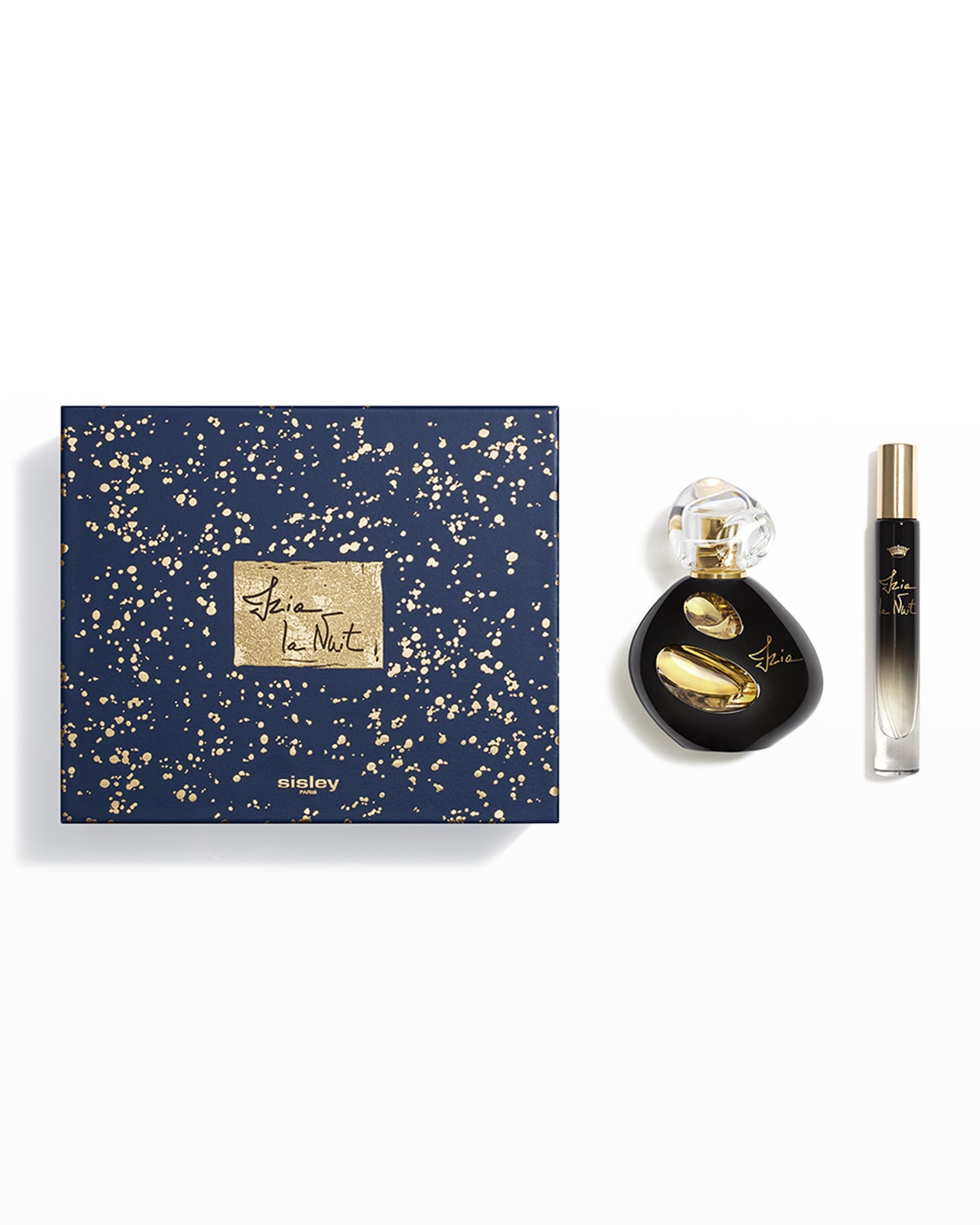 Elegant navy gift box with gold speckles, featuring a gold-embellished label; includes a 30ml black glass EDP bottle and a 6.5ml sleek black spray.