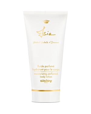 White tube with gold accents, labeled "Izia" in elegant script, containing moisturizing perfumed body lotion by Sisley-Paris.