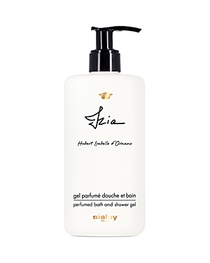 White bottle with a black pump top, featuring elegant script labeling "Izia" and "gel parfumé douche et bain," designed for bath and shower use by Sisley-Paris.