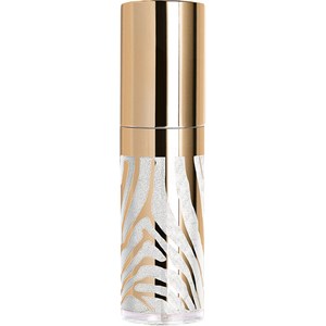 Clear lip gloss in a sleek, transparent tube featuring a gold and white zebra stripe design, topped with a shiny gold cap.