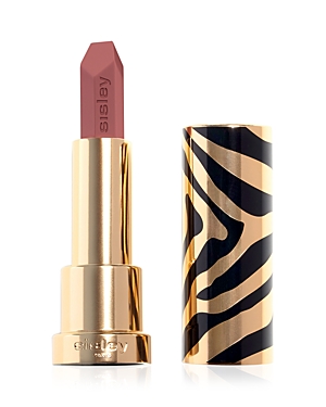 Sisley-Paris Le Phyto Rouge lipstick in a matte mauve shade, housed in a gold tube with a bold black and gold zebra print design.