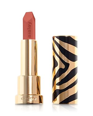 Sisley Le Phyto Rouge in a bold red shade, featuring a sleek, gold tube with a striking black and gold zebra-striped design.