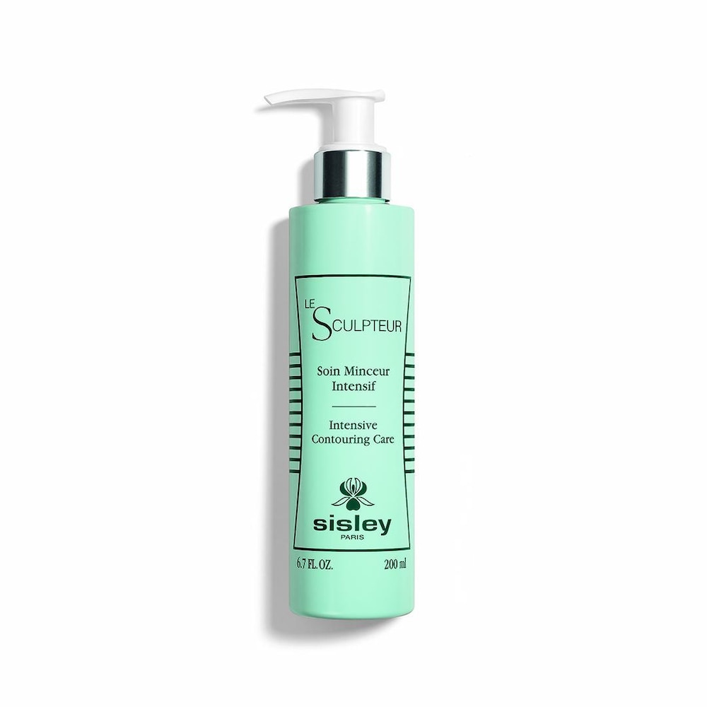 Light green bottle with a pump dispenser, featuring black text that reads "Le Sculpteur Intensive Contouring Care" and "Sisley Paris," 6.7 oz size.
