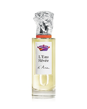 Clear glass bottle of Sisley-Paris L'Eau Revee D'Aria, featuring a silver and orange cap, with a label displaying the product name in elegant font and a colorful crown logo.