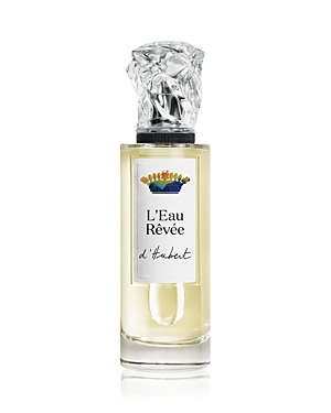 Clear glass bottle with a faceted crystal cap, featuring a white label with gold and blue accents, containing 3.3 oz of L'Eau Rêvée d'Hubert fragrance by Sisley-Paris.