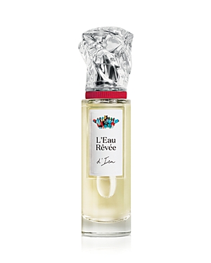 Clear glass bottle with a faceted crystal-like cap, featuring a white label with colorful floral designs and the text "L'Eau Rêvée d'Isa," containing 50ml of Eau De Toilette.