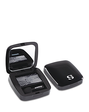 Black compact featuring a mirror and a striped eyeshadow in a silver hue, accompanied by a small applicator sponge. The compact is embossed with the Sisley logo.