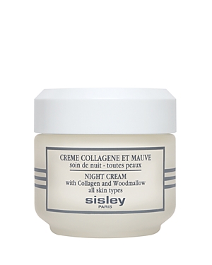 White jar with a smooth finish, featuring a light blue label and silver accents, labeled "Night Cream with Collagen and Woodmallow" by Sisley Paris, suitable for all skin types.