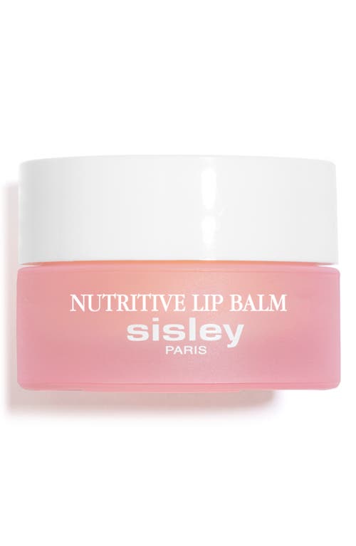 Round, pink jar of Sisley Paris Nutritive Lip Balm, featuring a white lid and clear label with "NUTRITIVE LIP BALM" and "sisley PARIS" in elegant font.