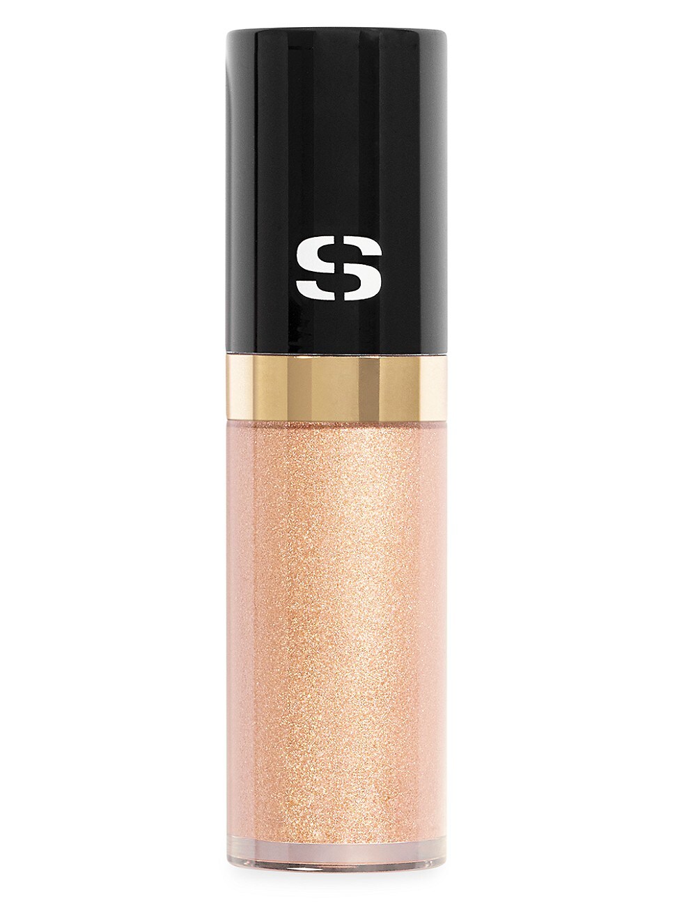 Longwearing liquid eyeshadow in a clear glass bottle with a gold band and a sleek black cap, featuring a shimmering peachy-pink shade.