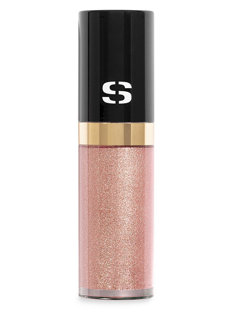 Longwearing liquid eyeshadow in a sleek, cylindrical container with a glossy black cap and gold band, featuring a shimmering rose gold hue.