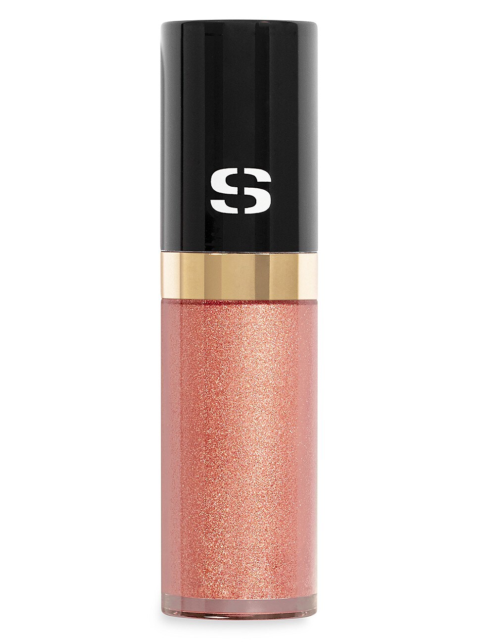 Longwear liquid eyeshadow in #4 Coral, featuring a sleek black cap with a gold band, and a sparkling coral hue in a transparent tube.