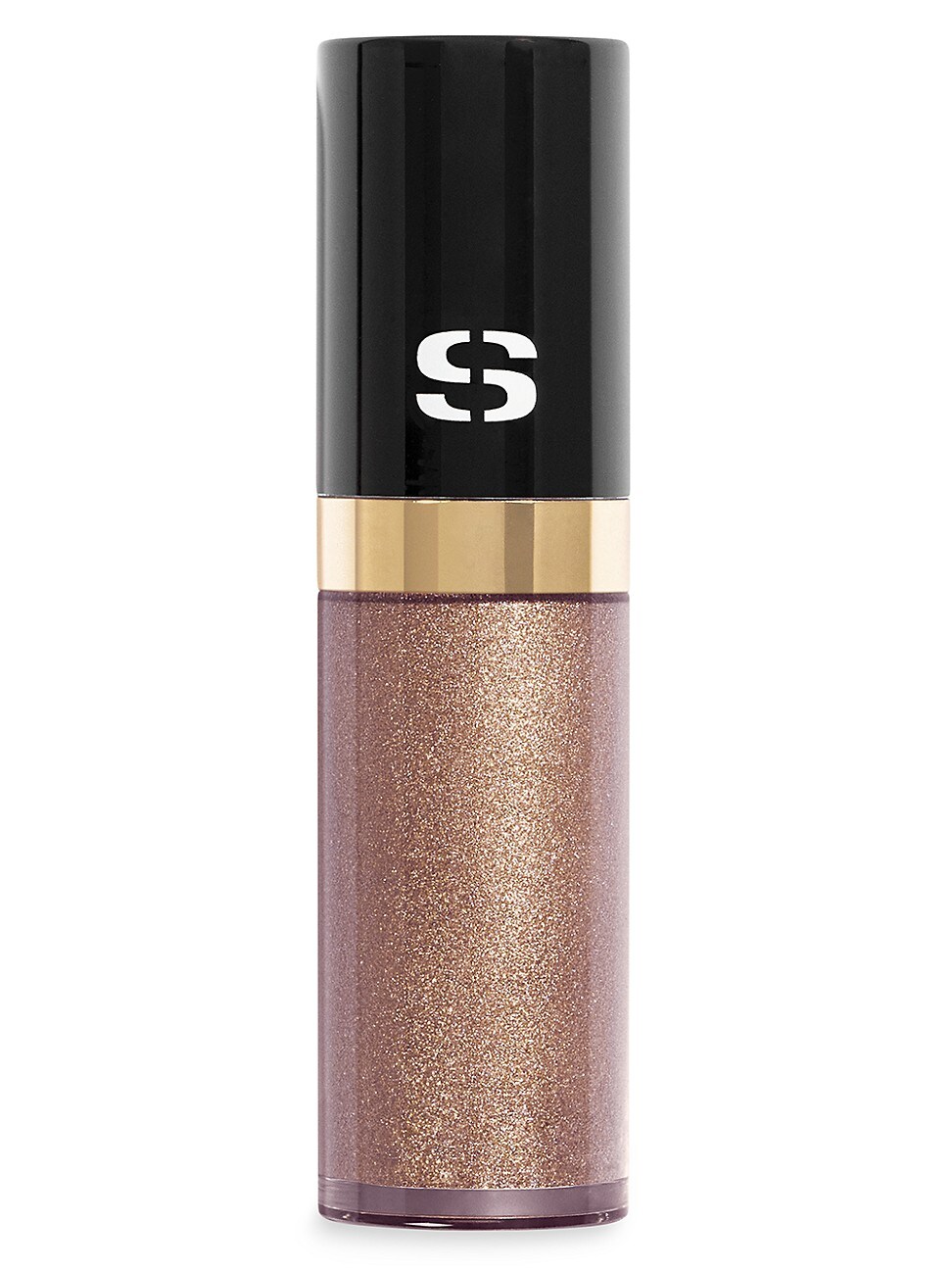 Liquid eyeshadow in a sleek black and gold tube, featuring a shimmering bronze shade with a glittery finish, perfect for adding a radiant touch to makeup looks.